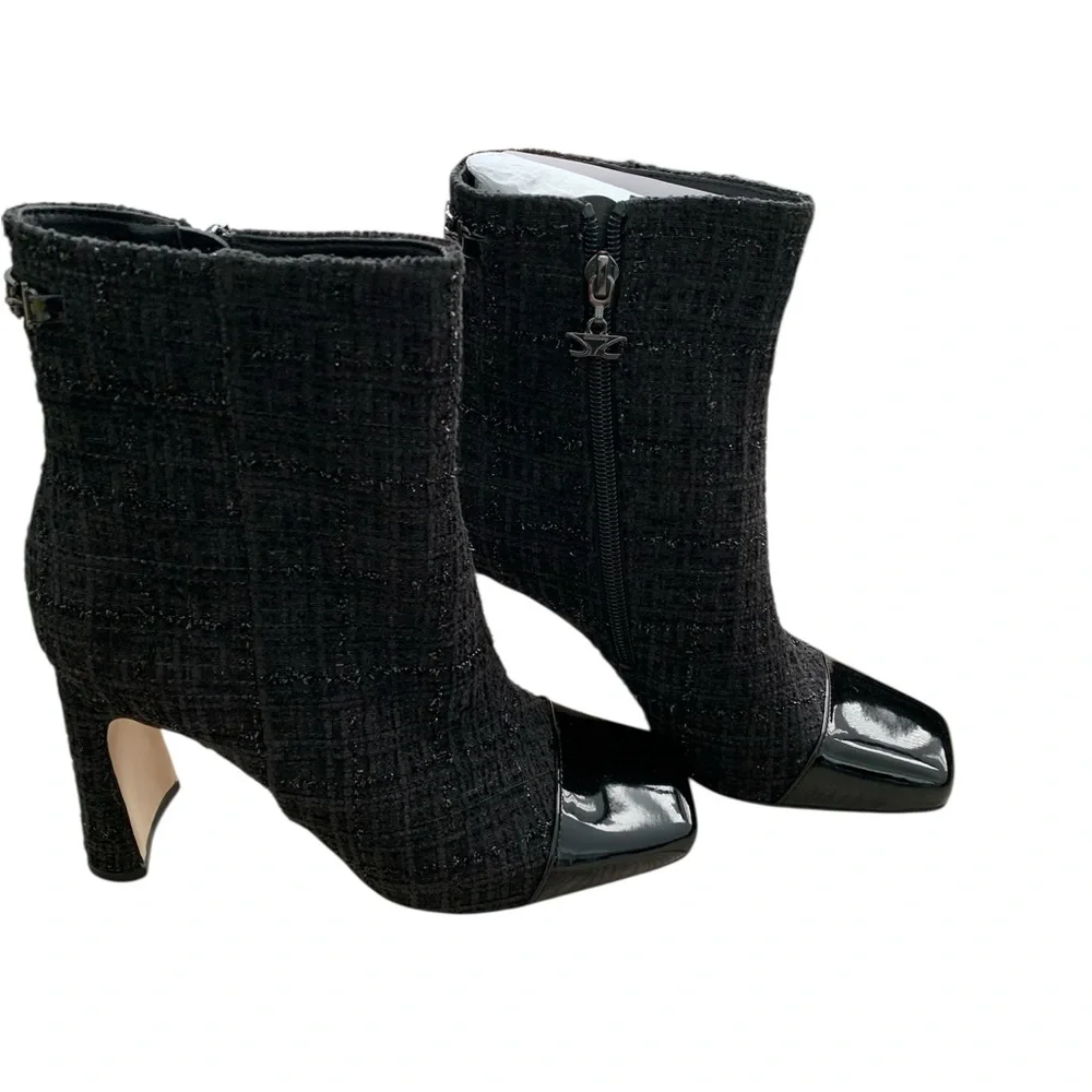Circus by Sam Edelman Black Sparkly Tweed With Patent Leather Ankle Boots size 6 - Picture 3 of 11